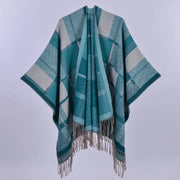 Sciarpa lunga da donna in cashmere con motivo a rombi e nappe, reversibile, spessa, tipo mantello