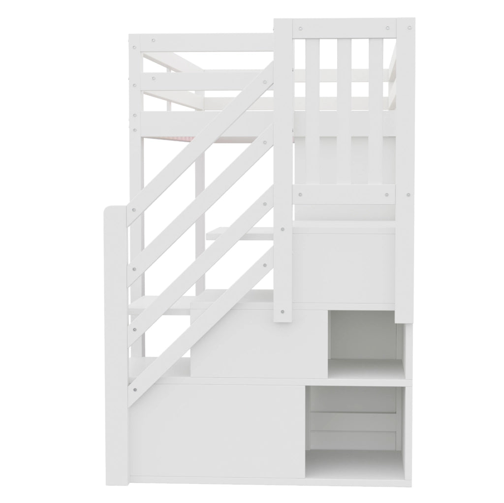 Letto a soppalco 90x200 cm con spazio contenitivo, scala laterale e LED