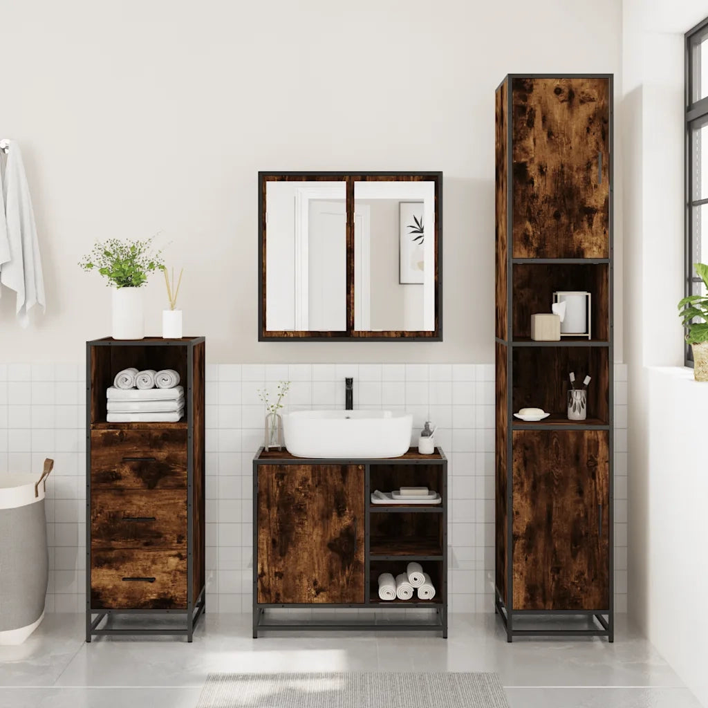 Set Mobili da Bagno 3 pz Rovere Fumo in Legno Multistrato