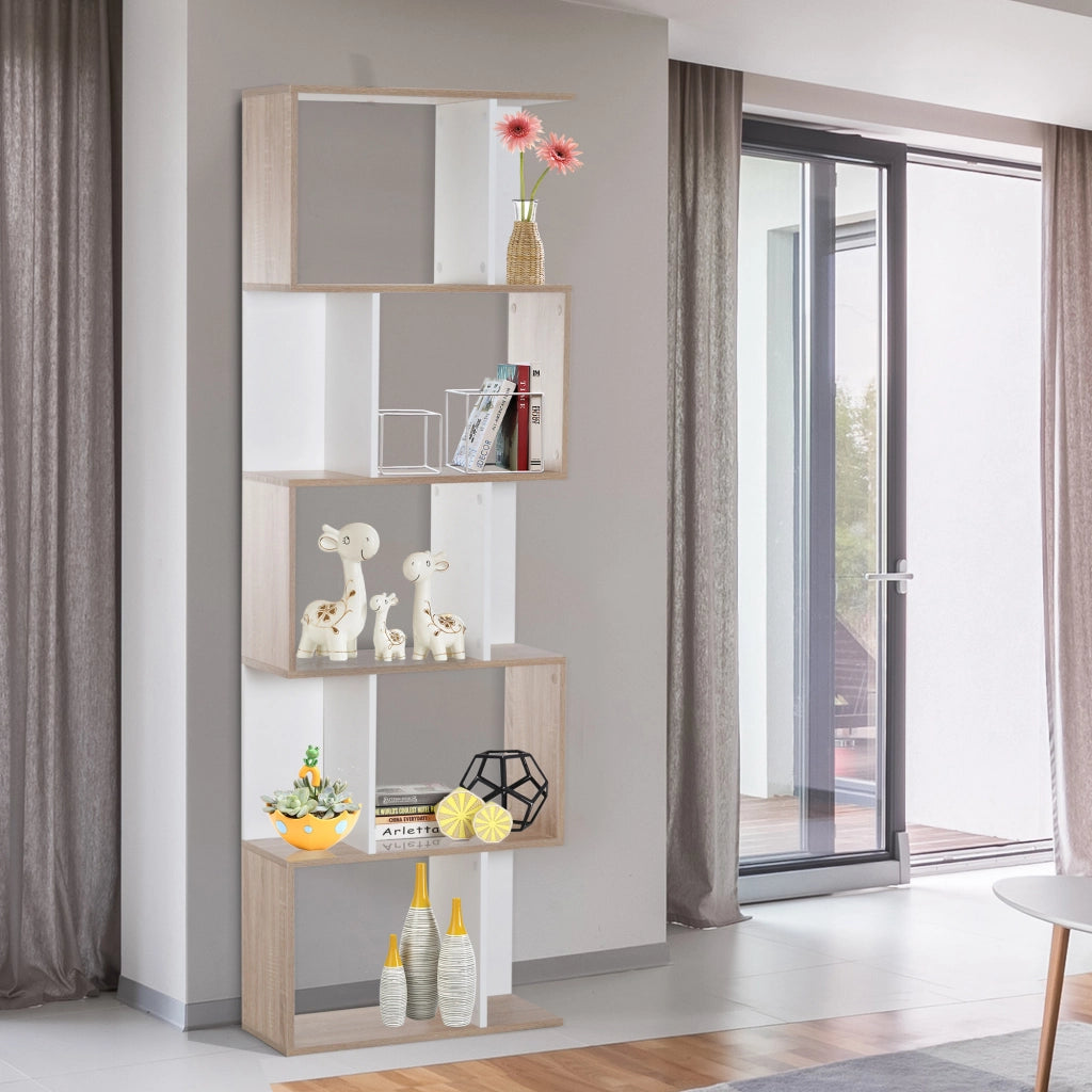Libreria a S con 5 Ripiani ¨C Zephmum ¨C 60x24x184,5cm Bianco e Legno
