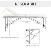 Lettino Massaggi Portatile Pieghevole e Professionale in Alluminio bianco 215x81x61-84cm