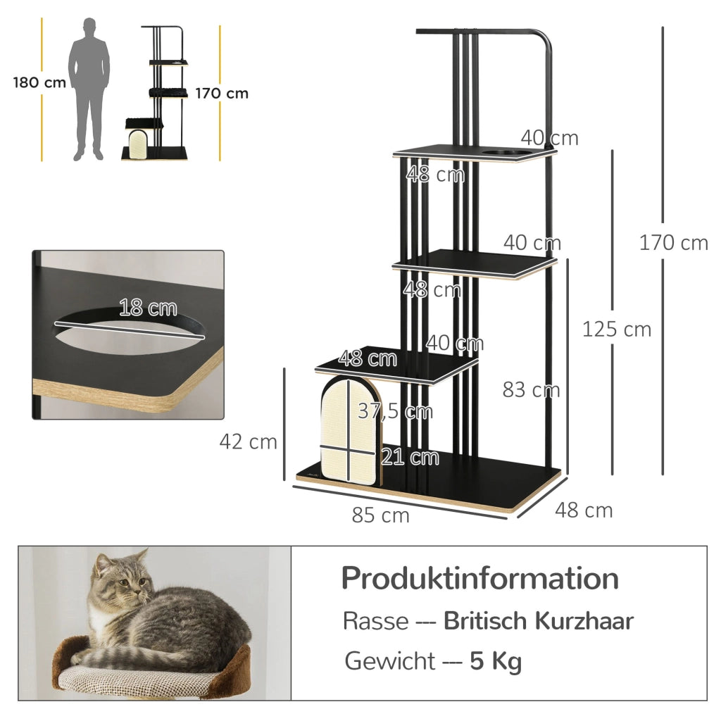 Albero tiragraffi per gatti 170 cm, design industrial, con piattaforme imbottite e struttura stabile