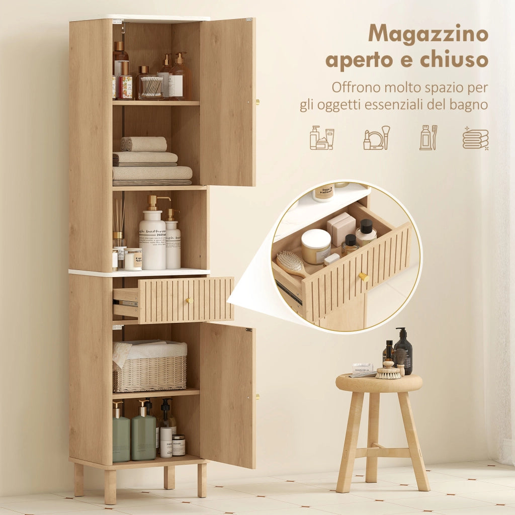 Mobile a Colonna Bagno 41,5x30x168 cm con  Ripiano Effetto Marmo e Ante Decorate in MDF Rovere