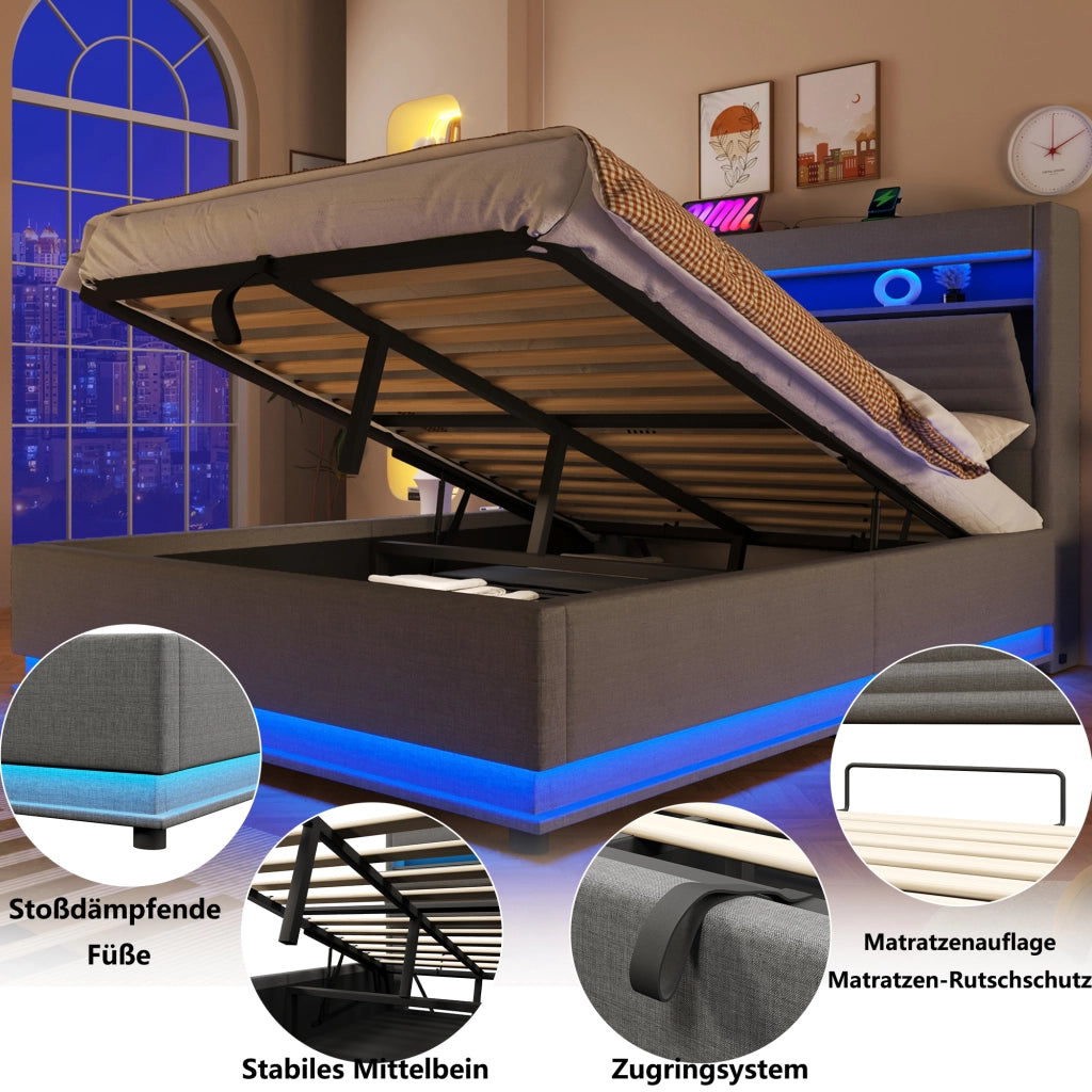 DESMIU Lit con contenitore 140 × 200 cm 2 posti con USB, Type-C, LED regolabile e senza materasso, in lino, grigio