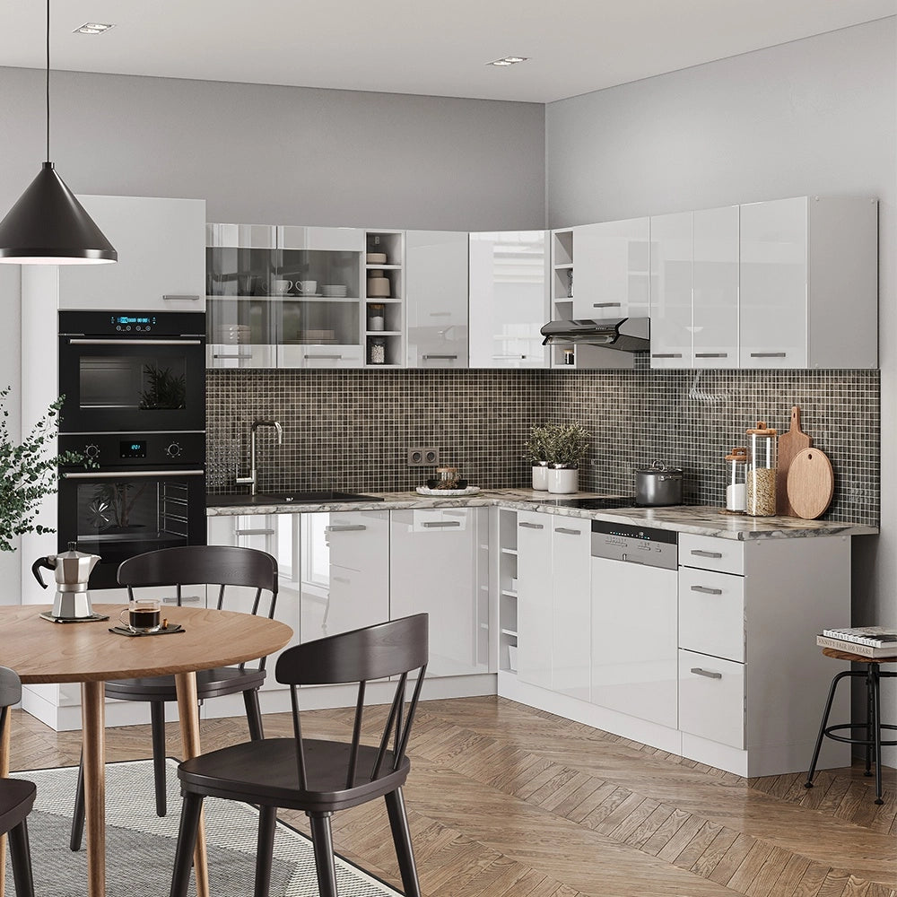 Cucina angolare completa R-Line Bianco lucido/Bianco 247 x 237 cm senza piano di lavoro Vicco