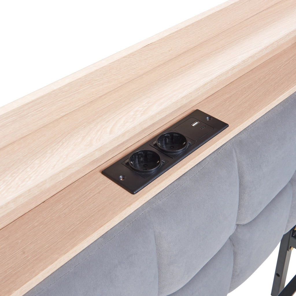 Divano letto a forma di barca con 2 cassetti; LED e porte USB/Tipo-C; velluto grigio; 90x200 cm; senza materasso