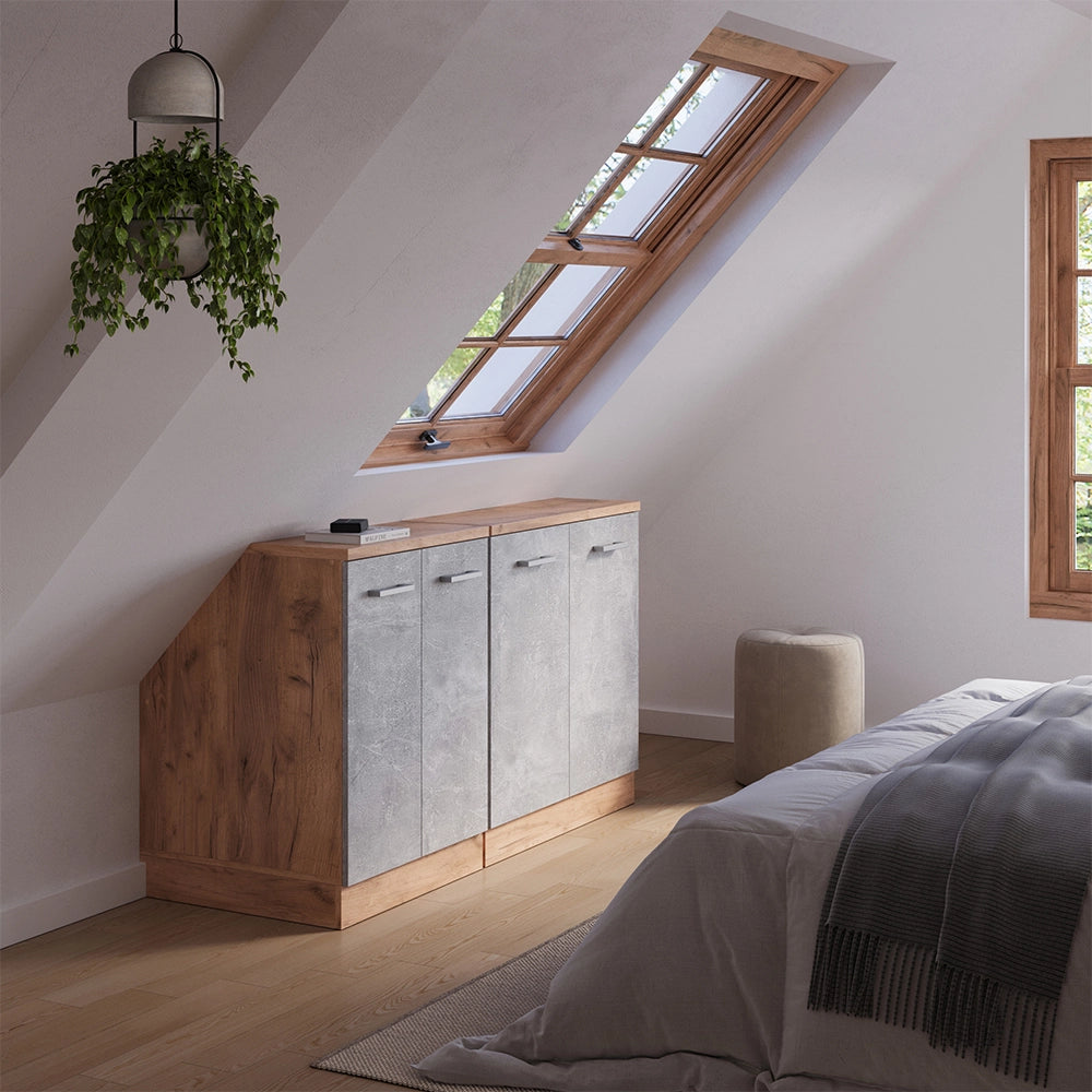 Set di mobili sottotetto Rion Calcestruzzo/Rovere dorato 140 cm Set di 2 carcasse armadio profondità 60 cm Vicco