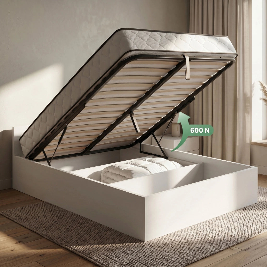 Letto con contenitore 120x200 cm rete sollevabile in metallo e materasso a molle Bianco