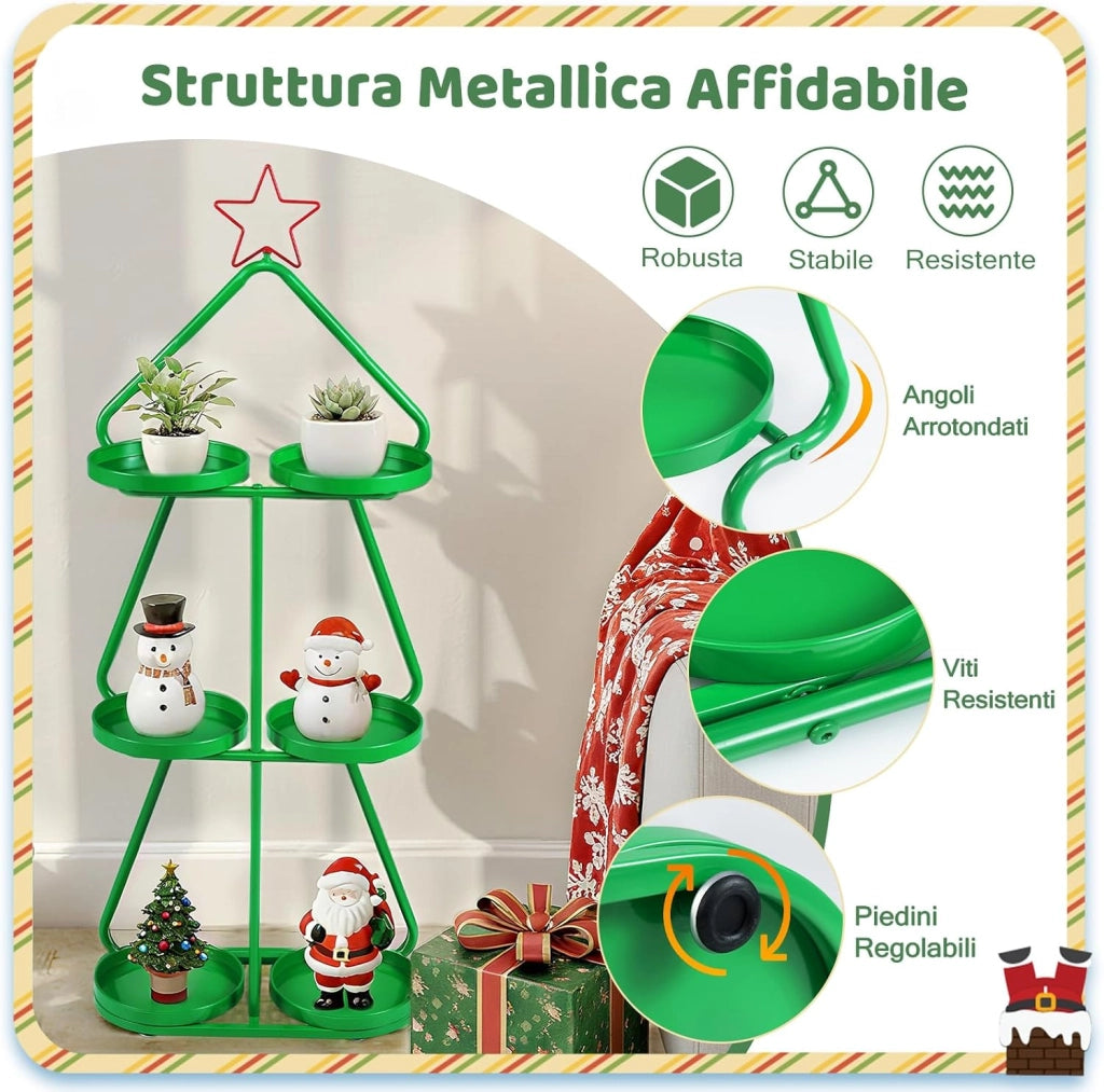 Porta Piante in Metallo, Supporto per Piante a 3 Livelli a Forma di Albero con Stella Rossa e Vassoi per Stoccaggio, Struttura in Metallo, Mensole Espositivo per Decorazioni Festive