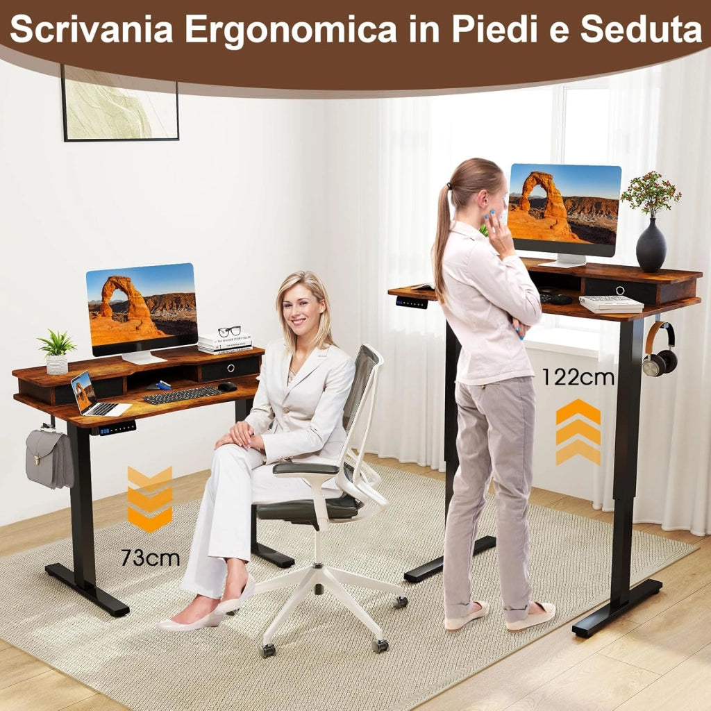 Scrivania Regolabile in Altezza con 2 Cassetti, Scrivania con Supporto per Monitor, Mensola, 2 Ganci e 3 Altezze Preimpostate, Tavolo da Lavoro per Ufficio, Studio e Camera da Letto (Marrone)