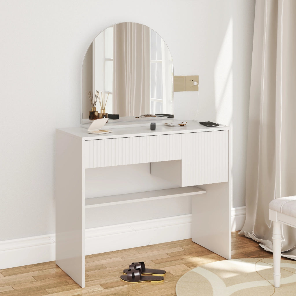 SCHMINKTISCH con specchio curvo, 2 cassetti, MDF bianco