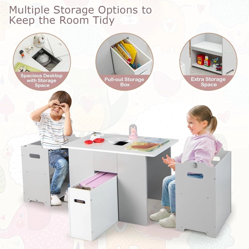 3 PZ. Set di Sedie per Bambini, Tavolino con 2 Sedie in MDF, Set Multifunzionale con Spazio di Archiviazione, Tavolo di Attività per Bambini da 3 Anni