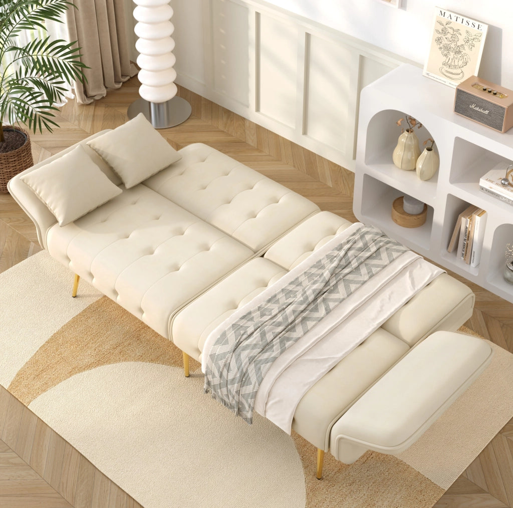 Divano letto a 2 posti convertibile 215x81;5 cm in velluto beige con schienale regolabile