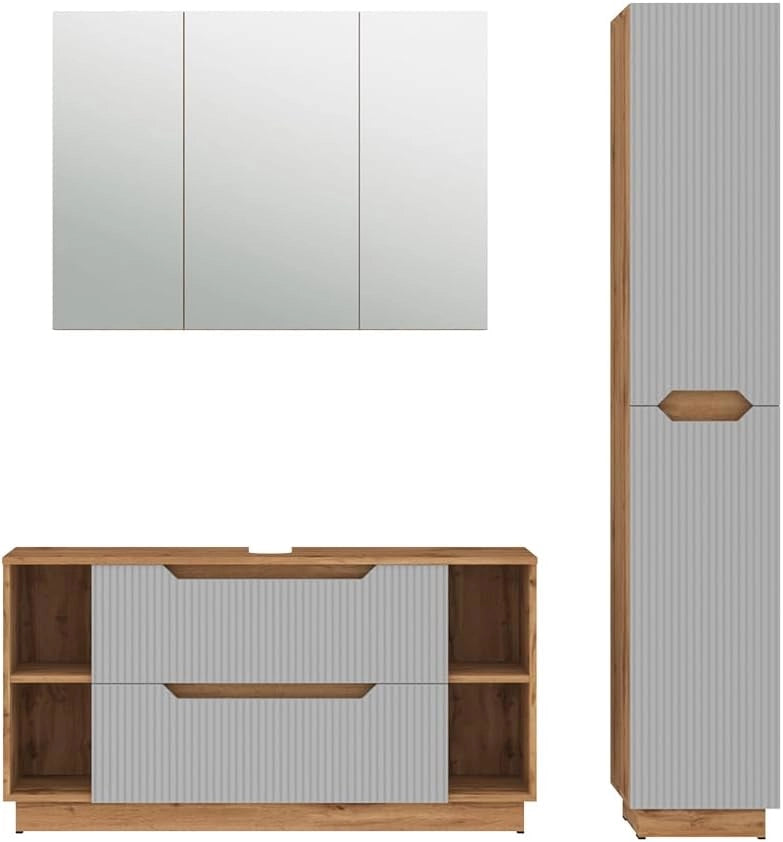 Set di mobili da bagno Lotta, Rovere/grigio a righe, 3 parti