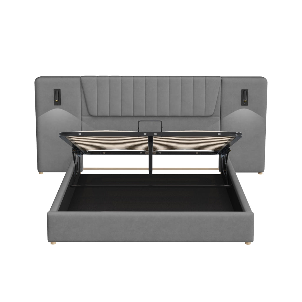 OKWISH Letto Contenitore 180×200 cm, Letto Matrimoniale con Lampade da Lettura Orientabili, USB e Testiera Alta, senza Materasso, Grigio