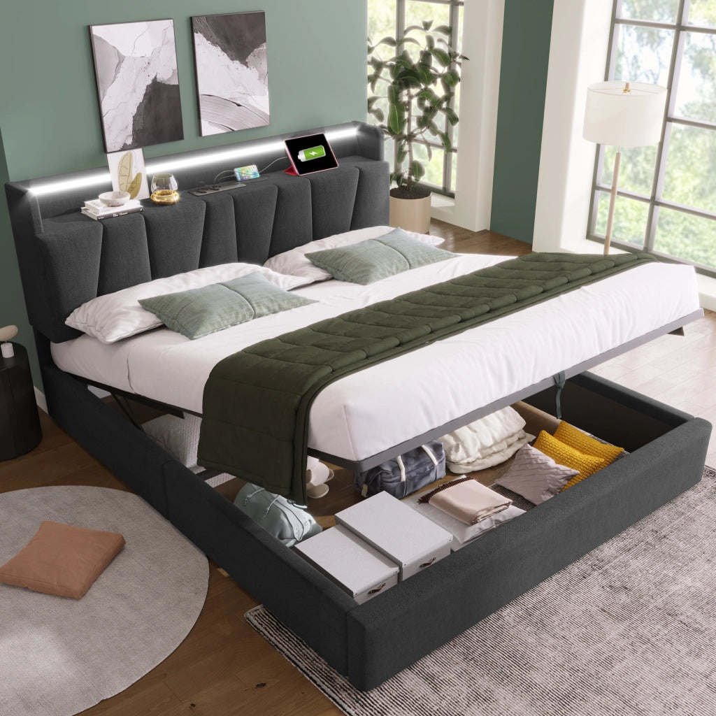 OKWISH Letto Contenitore 160×200 cm, Letto Matrimoniale con Prese, USB, Tipo C e LED Regolabile, senza Materasso, in Lino - Grigio