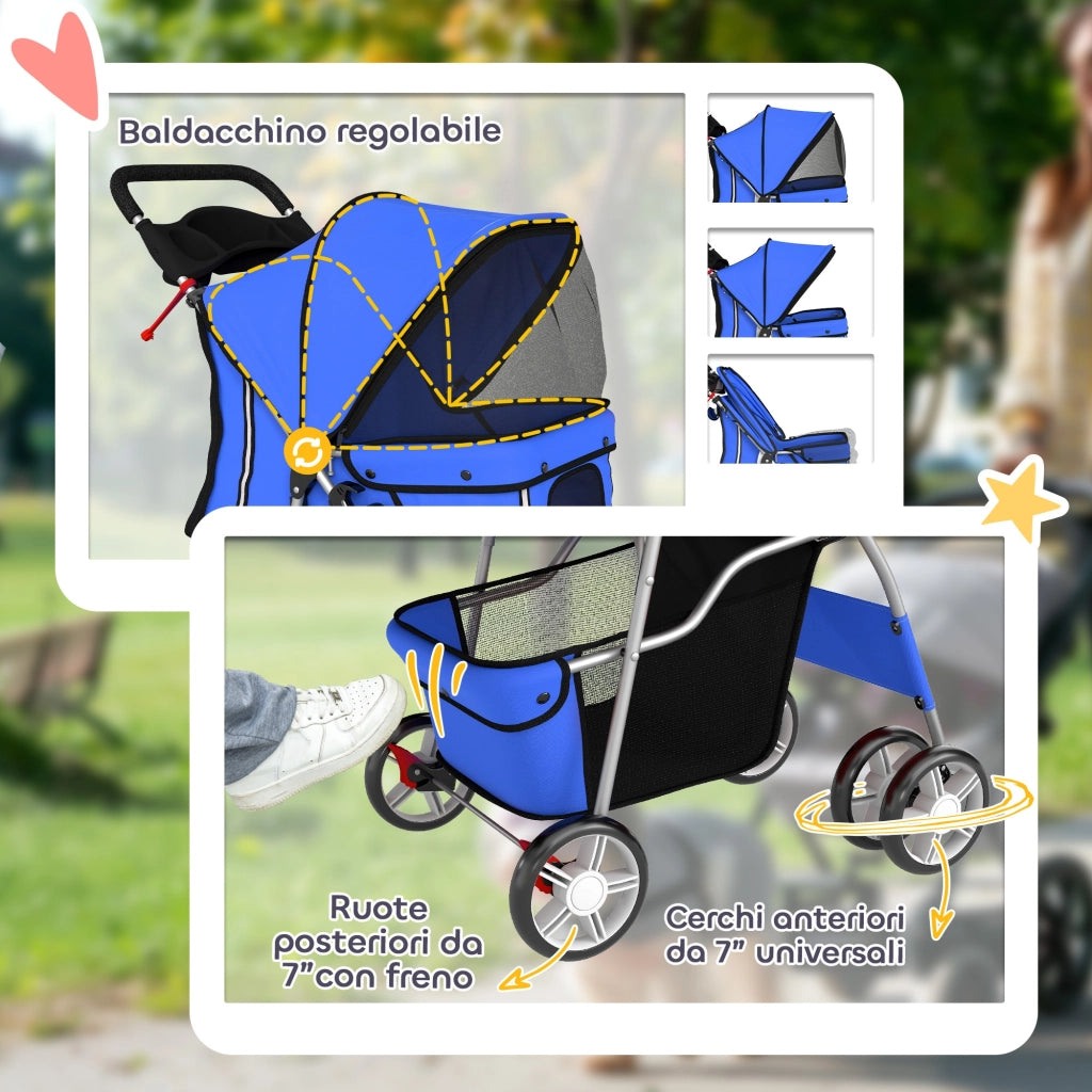 Passeggino per Cani Pieghevole con Copertura Antipioggia, Ruote Girevoli e Cuscino Lavabile, Blu