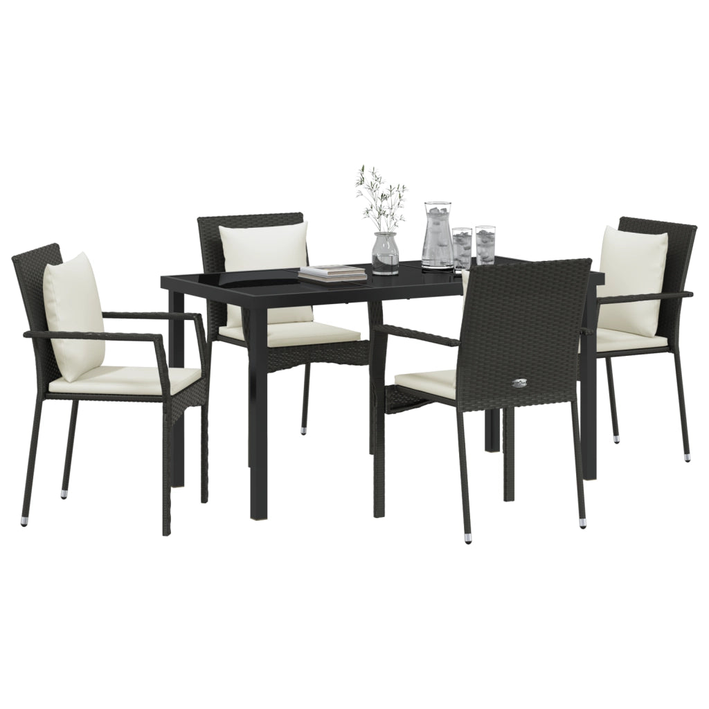 Set da Pranzo da Giardino 5 Pezzi con Cuscini in Polyrattan Nero