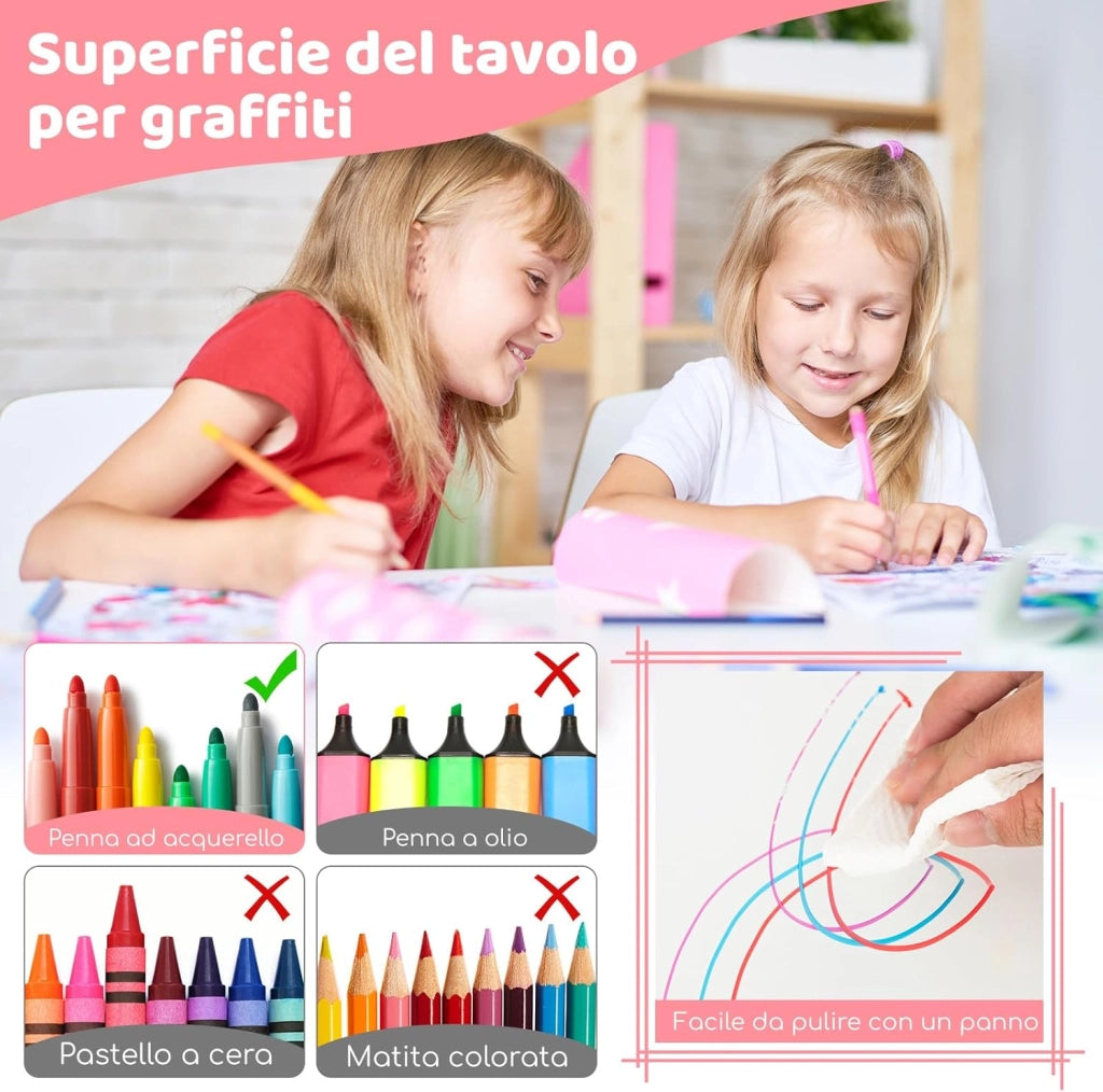 Set Tavolo e 4 Seide per Bambini, Scrivania Regolabile in Altezza con Piano Graffiti, Gambe Antiscivolo, Mobile Multifuzione con 4 Posti per Cameretta, Asilo e Scuola (Rosa)