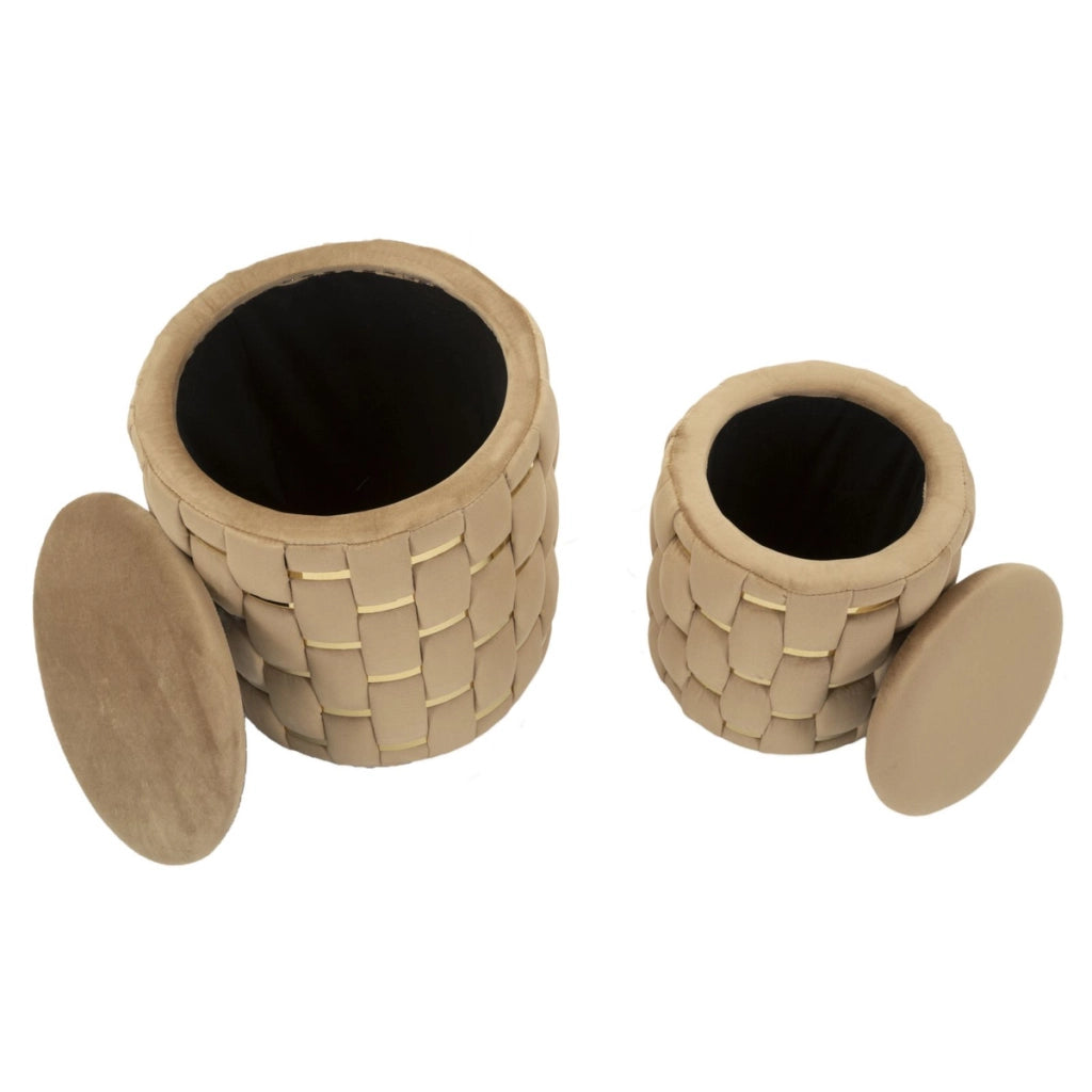 Set 2 pouf contenitore Shanty in velluto oro Ø37x42 e Ø28x35 cm