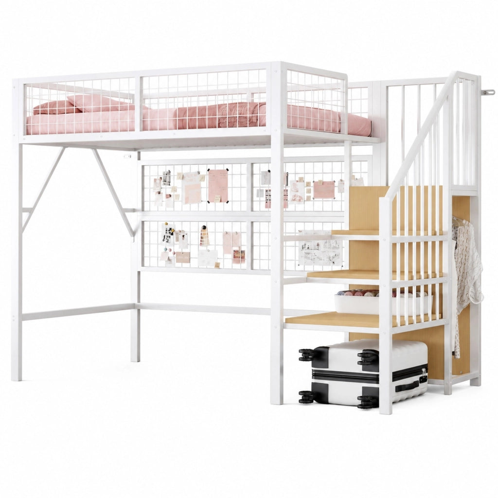 Letto a soppalco 90x200 cm in metallo con LED APP; scala con vano contenitore; bianco