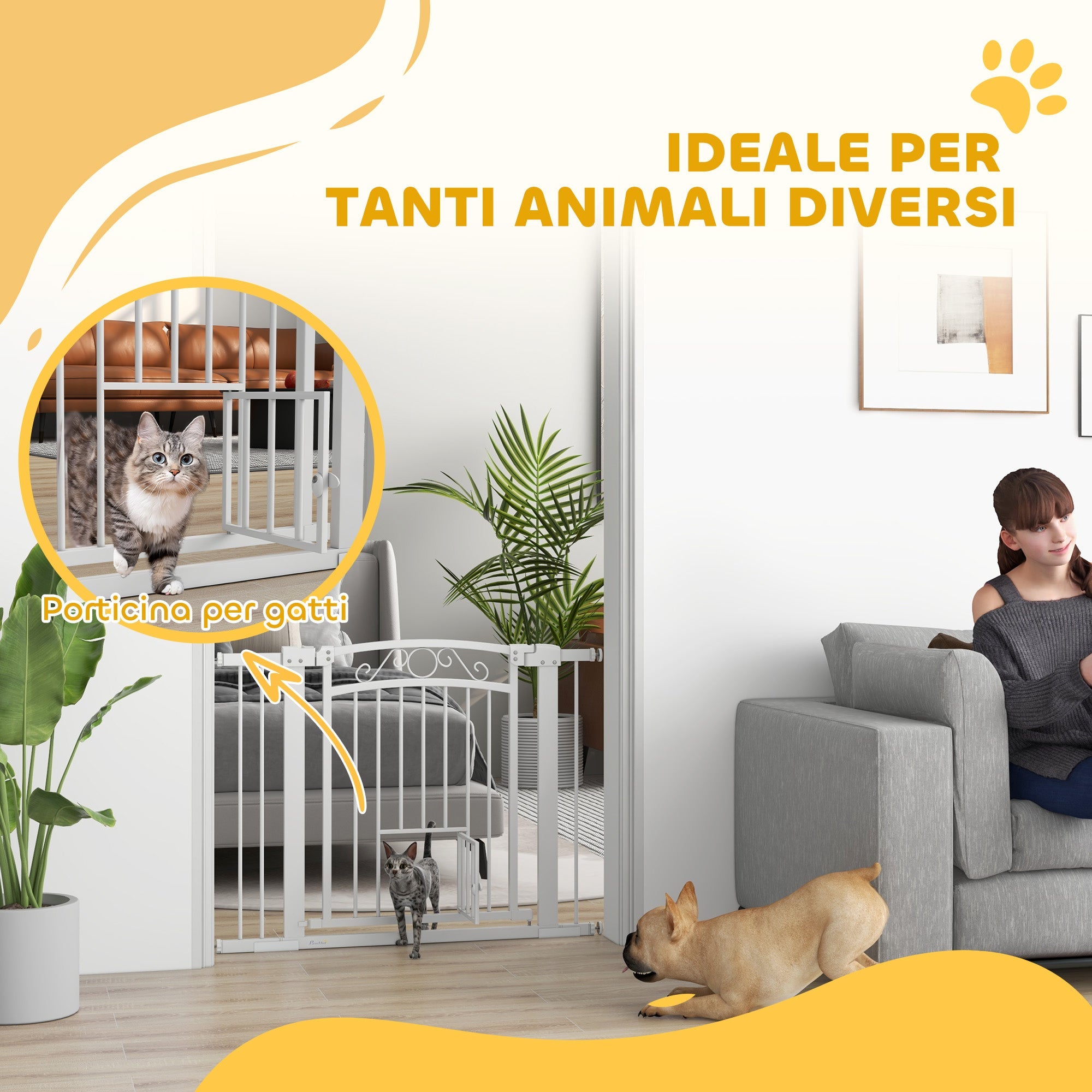 Cancelletto di Sicurezza per Animali con Estensioni 76-104x77cm Porta per Gatti Bianco