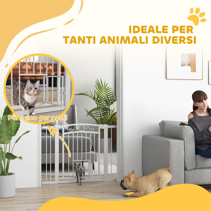 Cancelletto di Sicurezza per Animali con Estensioni 76-104x77cm Porta per Gatti Bianco