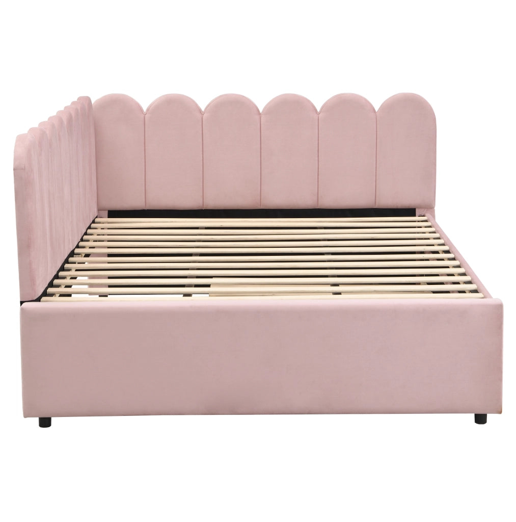 Letto imbottito angolare con letto estraibile 140x200 cm in velluto rosa