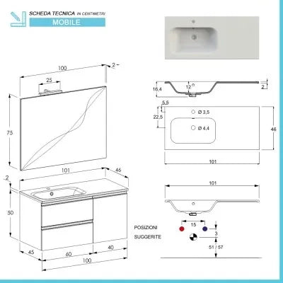 Mobile bagno sospeso 100 cm rovere miele con cassetti e anta completo di lavabo a sinistra e specchio Master