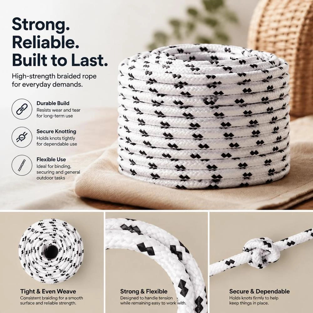 Boat Rope, Braided, White, 6 Mm X 25 M, Polyester