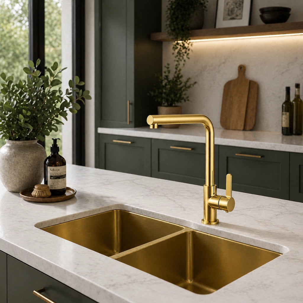 Rubinetto Cucina Oro Lucido Canna Alta Quadrata Girevole Miscelatore Lavello 94028