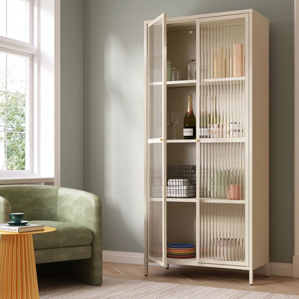 Armadio a Vetrata Säkylä con 4 Scomparti 180 x 80 x 35 cm in Acciaio - Color Cammello [en.casa]