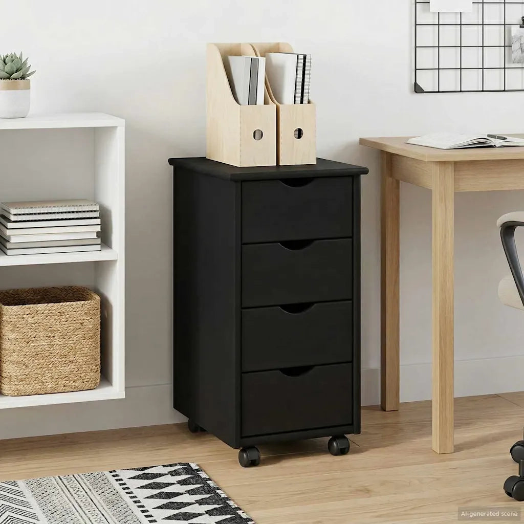 Mobile con Ruote Nero 34 x 39 x 65,5 cm Legno di Pino Massello