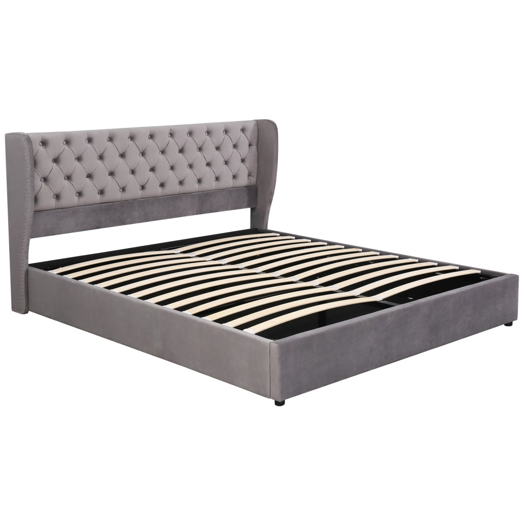 Letto matrimoniale imbottito stile Chesterfield 180x200 cm in velluto grigio con contenitore