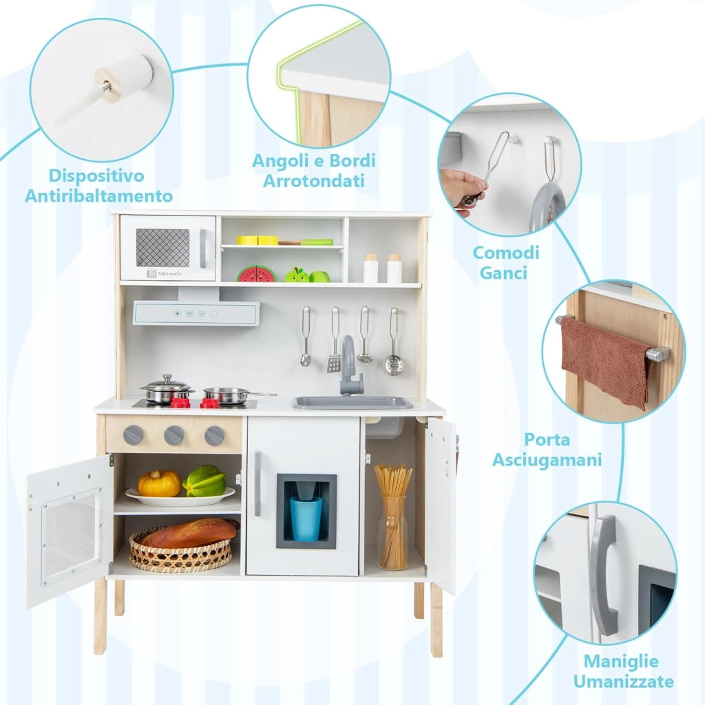 Cucina Giocattolo per Bambini in Legno, Cucina per Bambini con Microonde, Cappa Aspirante, Forno, Macchina del Ghiaccio, Lavello e Rubinetto, Manopole con Suoni, per Bambini 3-6 Anni (Bianco)