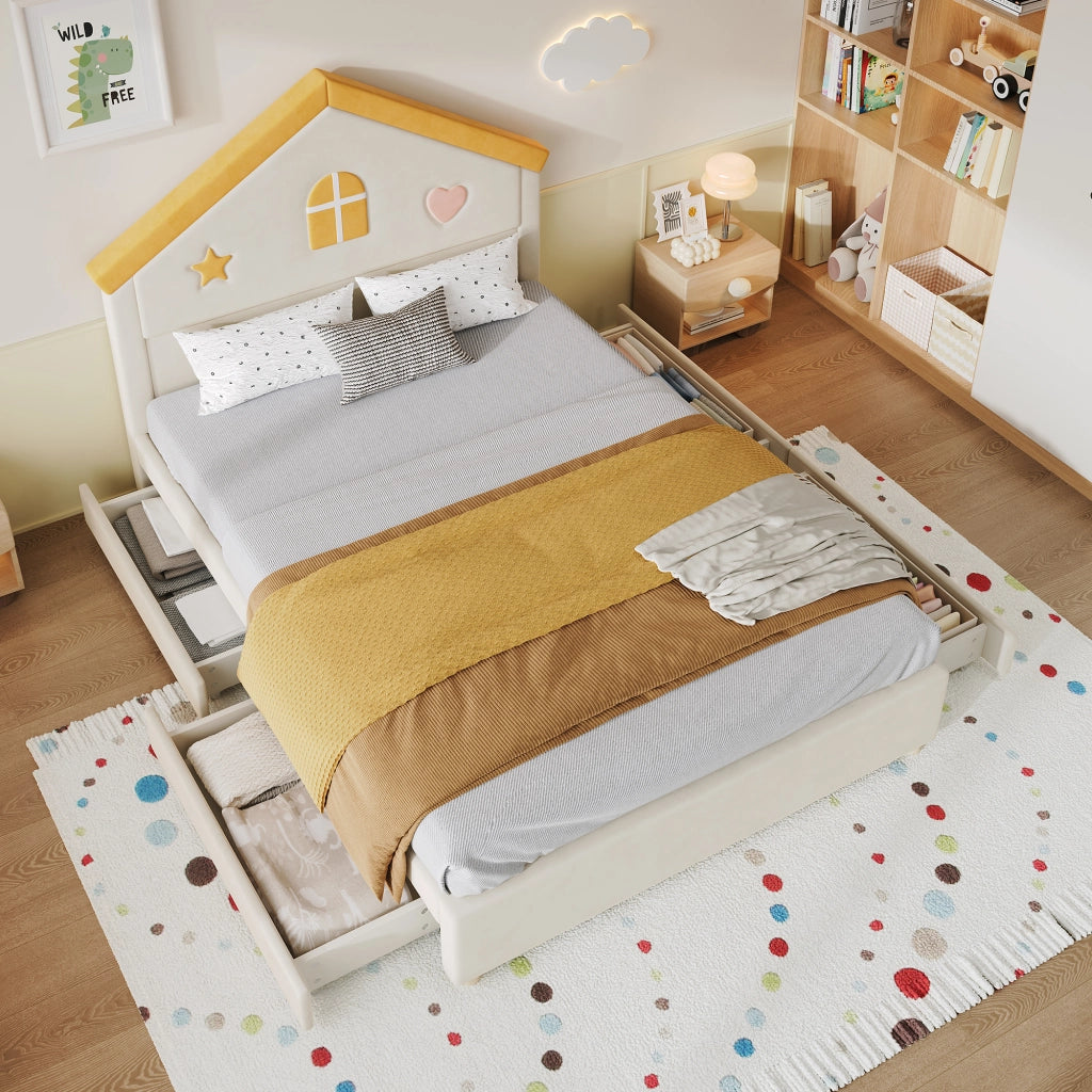 Letto per bambini 140 × 200 cm con testiera a casetta e 4 cassetti, senza materasso, in velluto beige