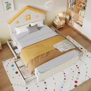 Letto per bambini 140 × 200 cm con testiera a casetta e 4 cassetti, senza materasso, in velluto beige