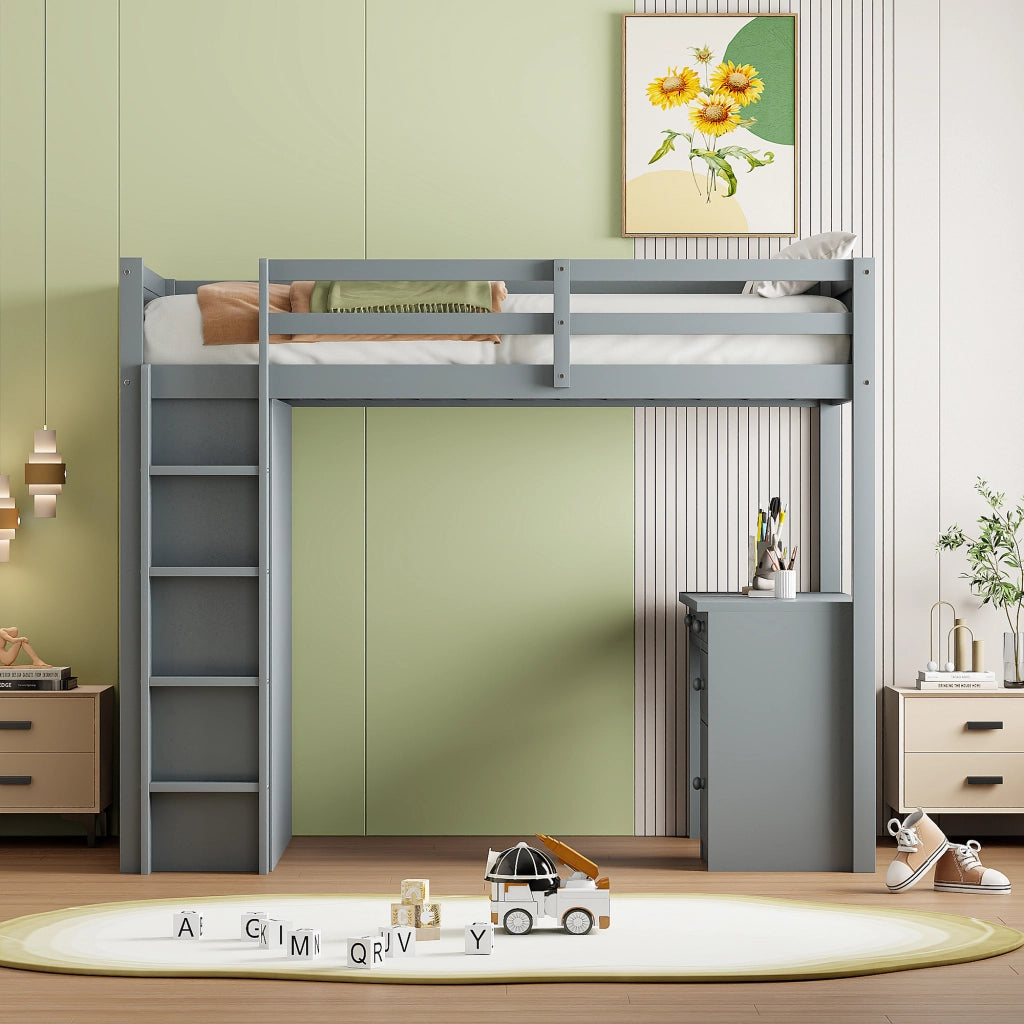 Letto a Soppalco con Scrivania e Contenitore ¨C MINIMAL ¨C Legno Grigio 90x200