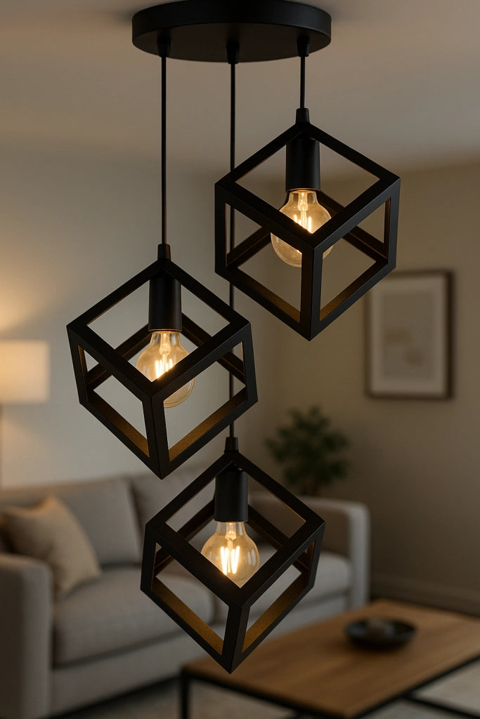 Lampadario a Sospensione Moderno 3 Luci – Struttura Geometrica a Cubo in Metallo Nero o Bianco – Portalampada E27 – Illuminazione Design per Cucina, Sala da Pranzo, Soggiorno Color: Nero