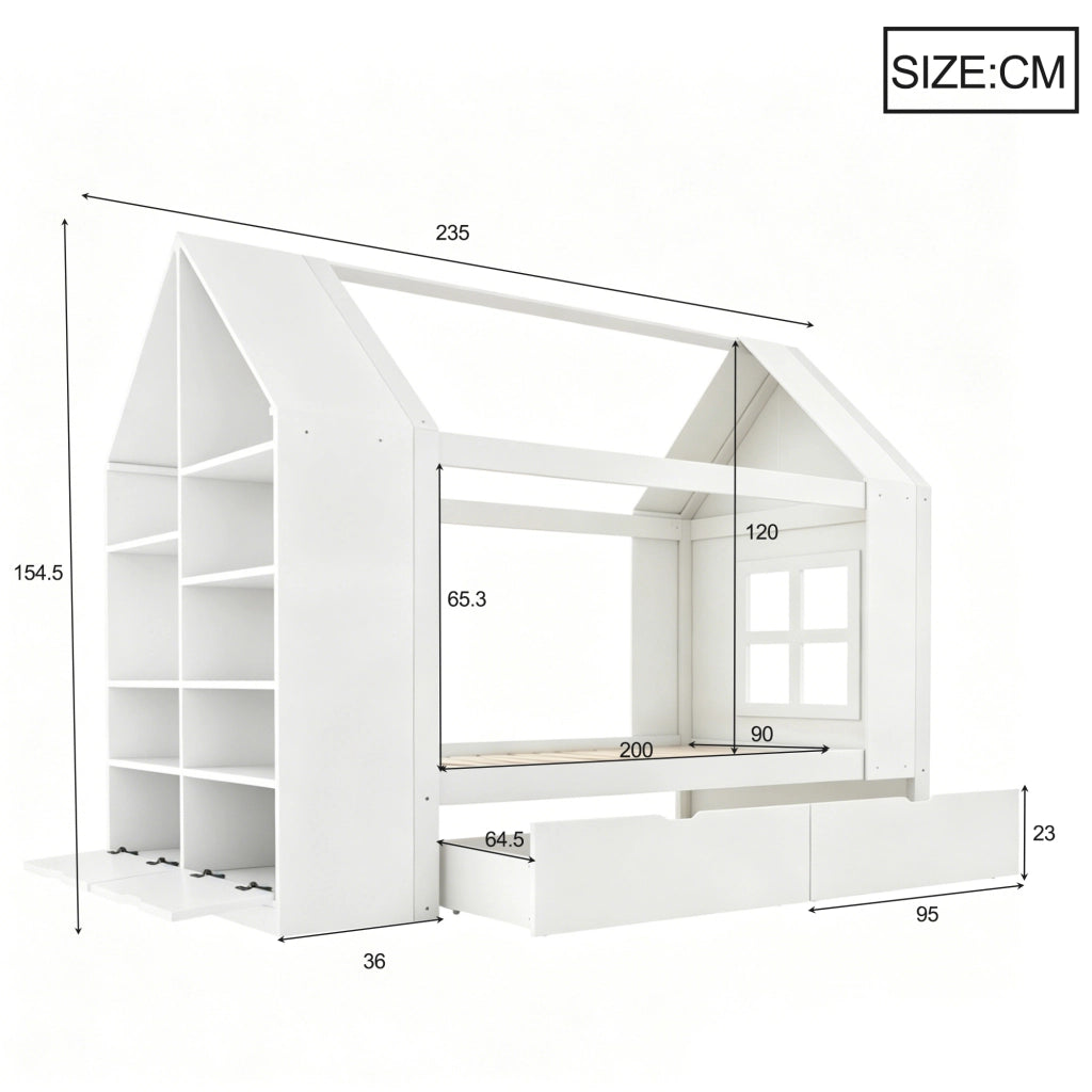 Letto per bambini 90 × 200 cm a casetta con 2 cassetti, LED, ripiani, senza materasso, in legno, bianco
