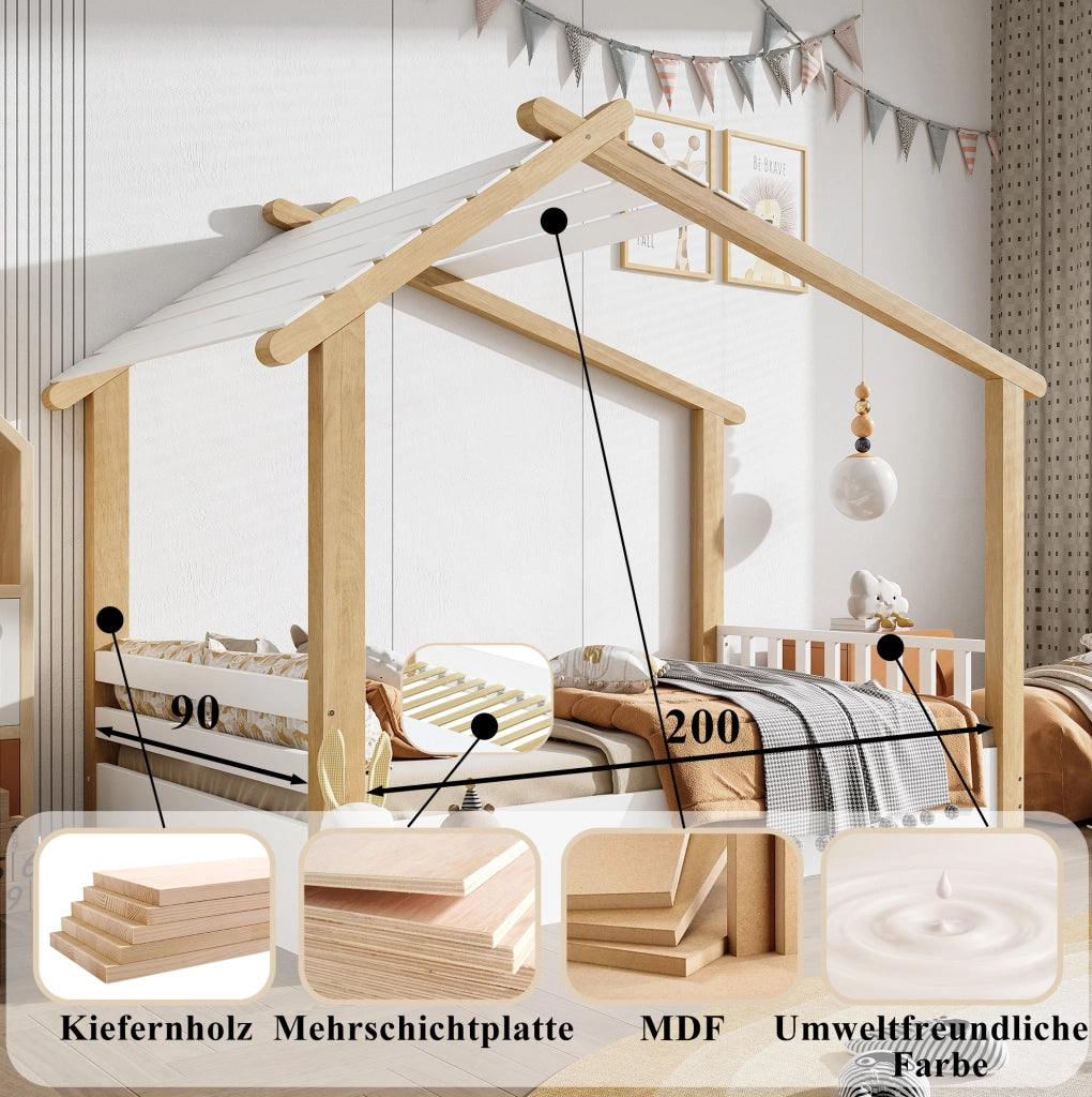 Letto singolo per bambini a casetta 90x200 cm bianco naturale
