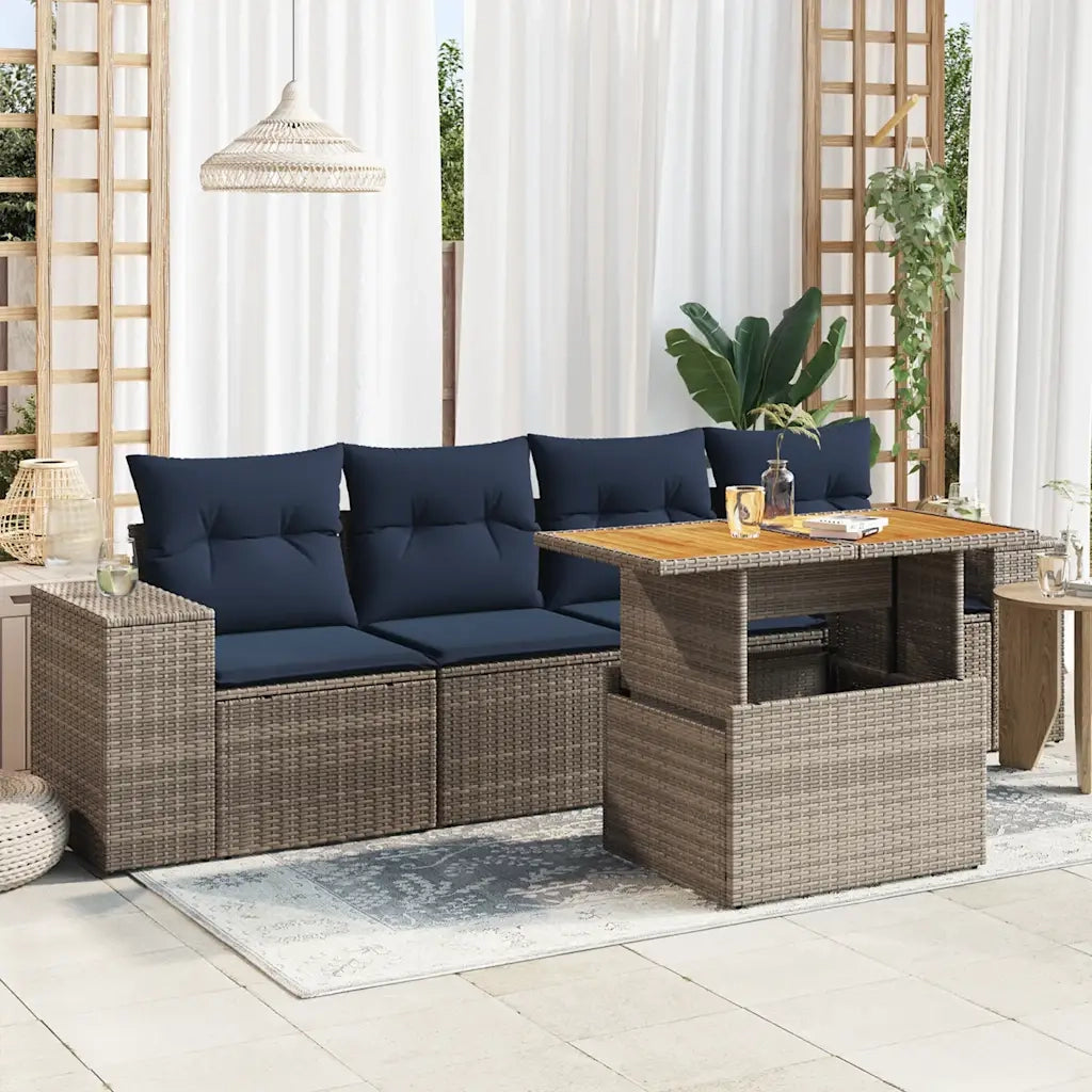 Set Divano da Giardino 5 pz con Cuscini Grigio in Polyrattan