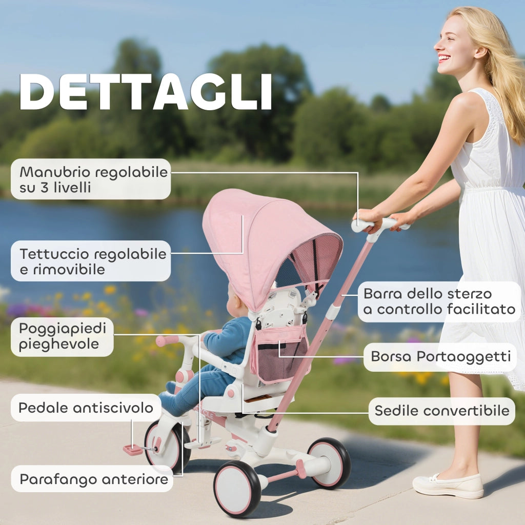 Triciclo per Bambini 5 in 1 96,5x49x101 cm con Maniglione e Cinture di Sicurezza Rosa