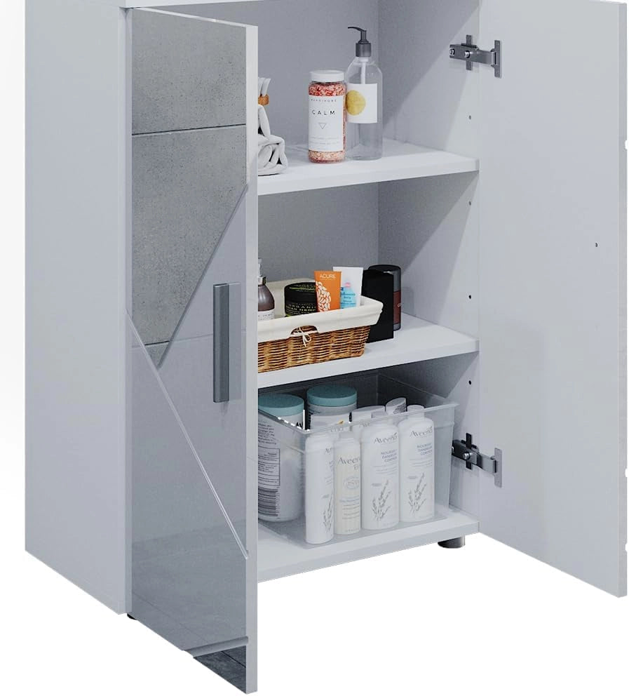 Mobiletto bagno Irma, Bianco lucido con inserti, 60 x 81 cm, per la conservazione in bagno e abbinabile alla serie Irma