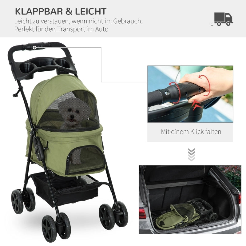 Passeggino/carrozzina per cani, pieghevole, con 2 guinzagli di sicurezza e 2 portabicchieri, 67 x 45 x 96 cm, verde