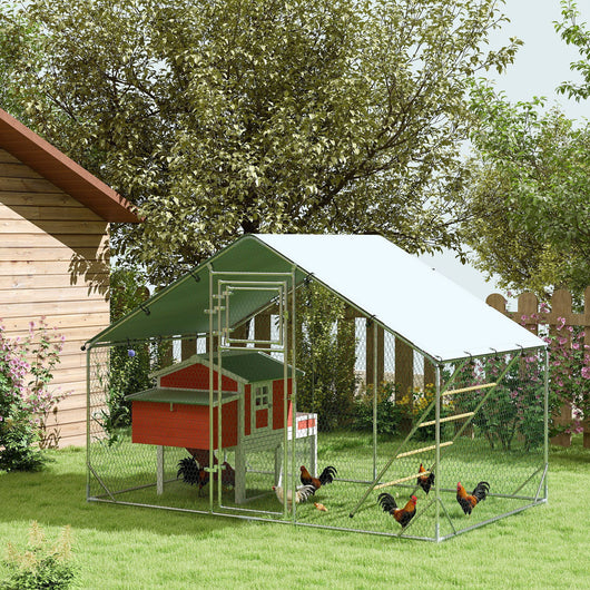 Recinto per Galline da 6 mq 300x200x195 cm per 6-8 Animali con Tetto Impermeabile Mangiatoia e Posatoio Argento