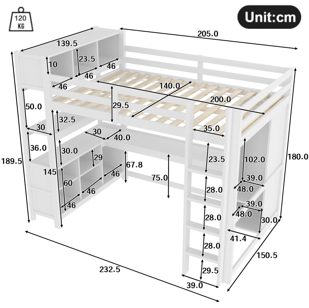 Letto a soppalco ULEVR 140x200 cm con scrivania, armadio e ripiani, in pino e MDF bianco