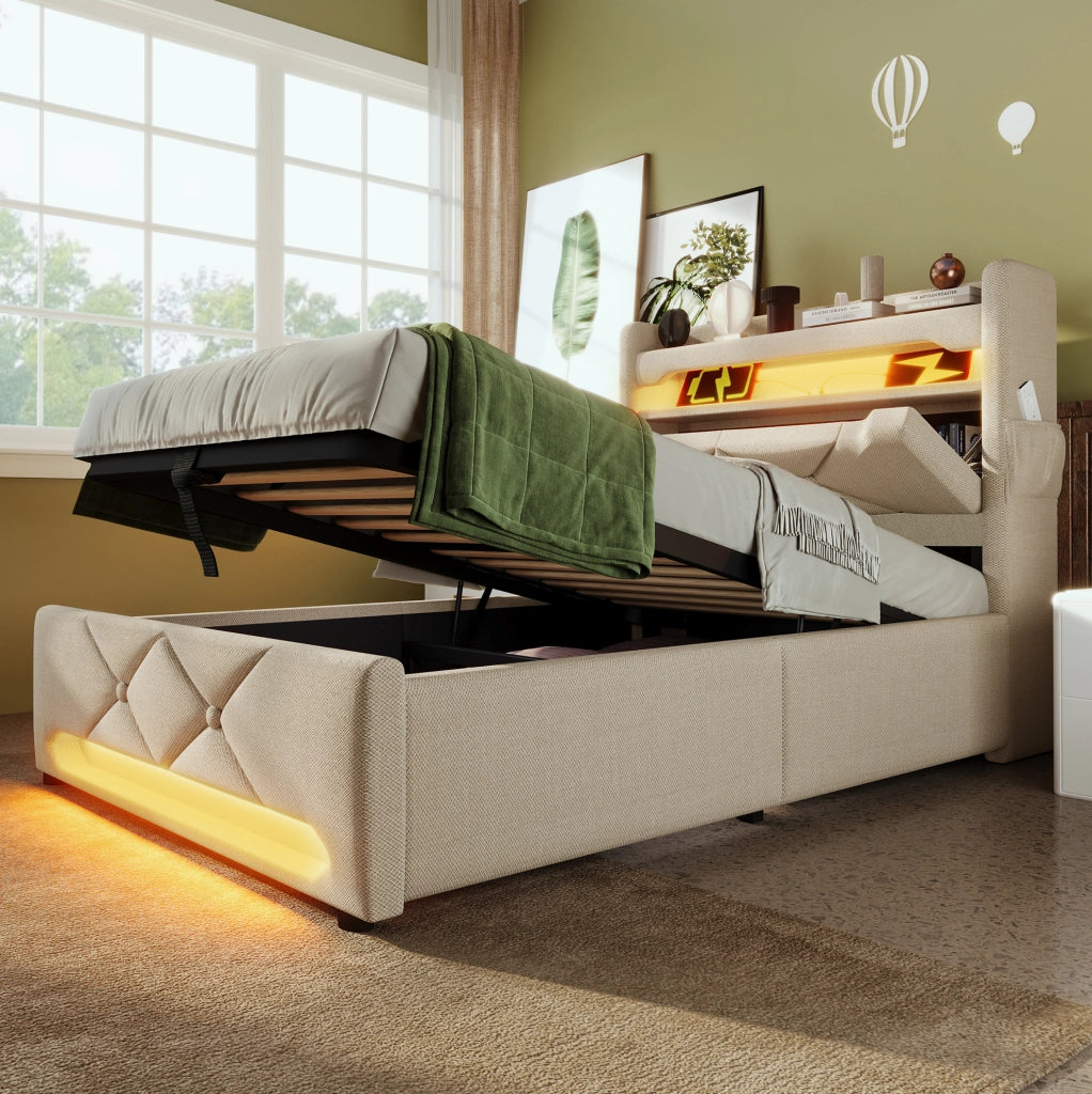 Letto singolo 90x200 cm con contenitore idraulico; LED; USB e Type-C; lino beige