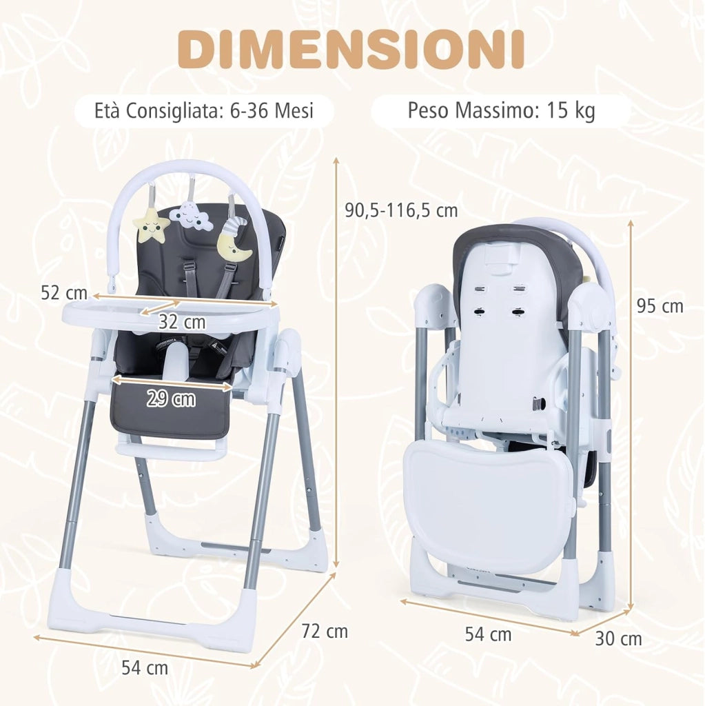 Seggiolone Pappa Portatile, con Altezza Regolabile, Schienale Reclinabile e Vassoio Rimovibile, Seggiolone Evolutivo Pieghevole con Cintura e 2 Ruote, per Bambini 6-36 Mesi (Grigio Scuro)