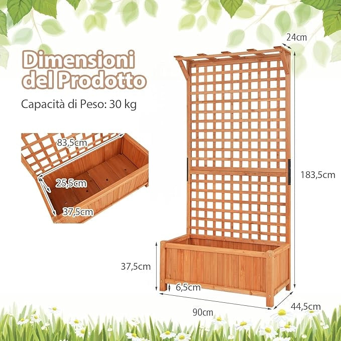 Fioriera da Esterno con Grigliato e Tettuccio, Fioriera in Legno da Interno Esterno con Fori di Scarico, Vaso con Spalliera per Piante Rampicanti Viti Fiori